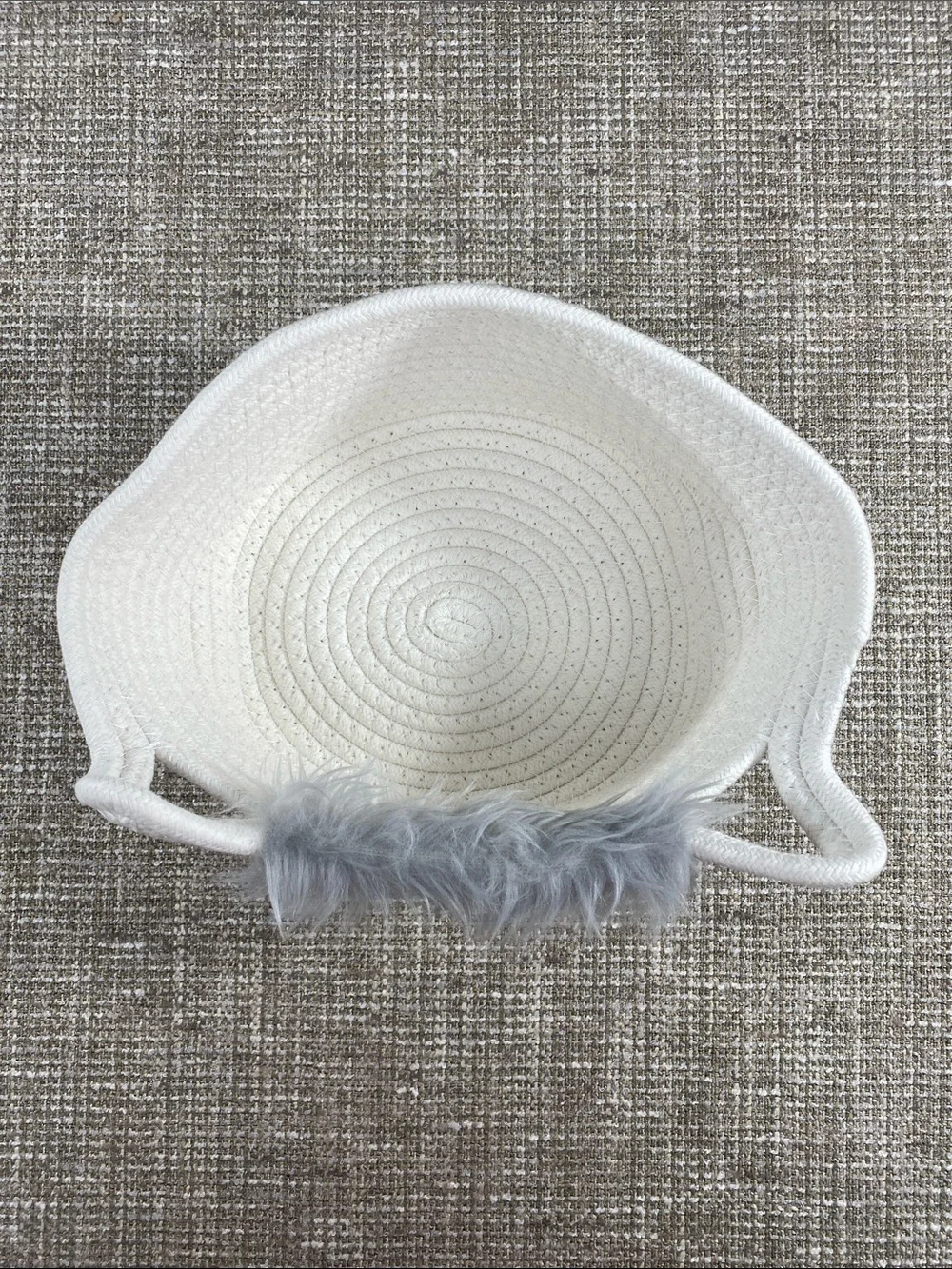 White Rope Storage Basket with Gray Faux Fur Details cute cow